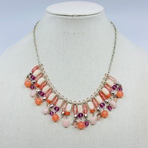 Chaps Statement Necklace Beaded Fringe Pink Purple Orange Silver Tone Jewelry